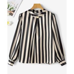 Striped‎ Blouse Button Up Long Sleeve Top Mock Neck Small